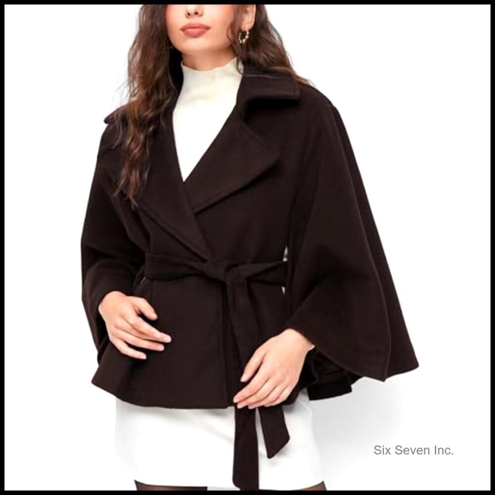 Wool Blend Cape Jacket with Belt Batwing Sleeve Poncho Pea Coat - Picture 3 of 7
